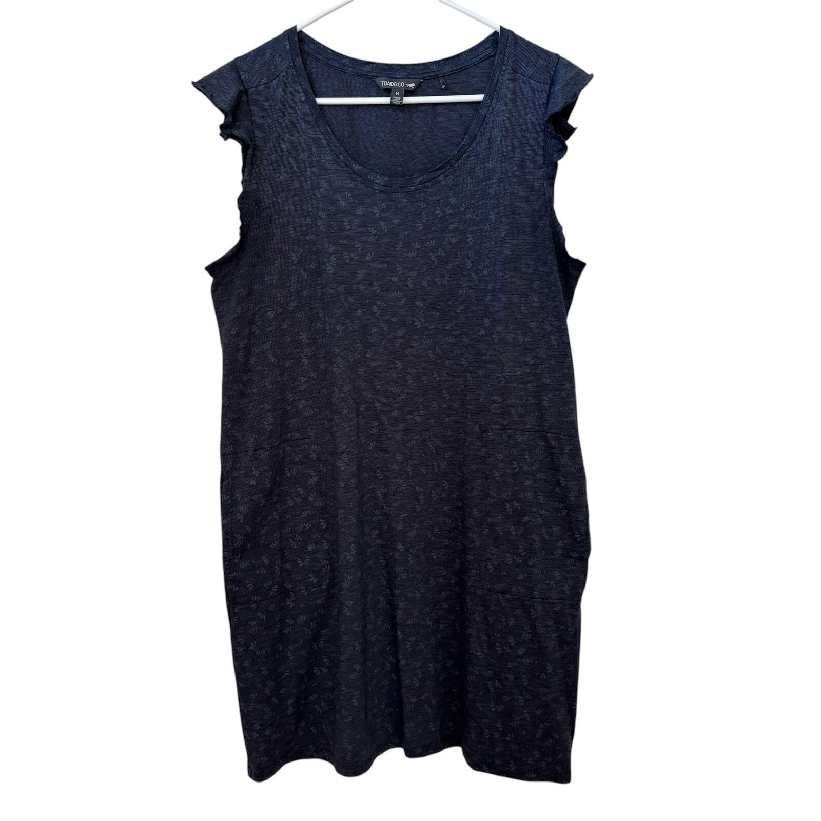 Toad & Co Rufflita Mini Dress M True Navy Blue Butterfly Print Pockets Comfy